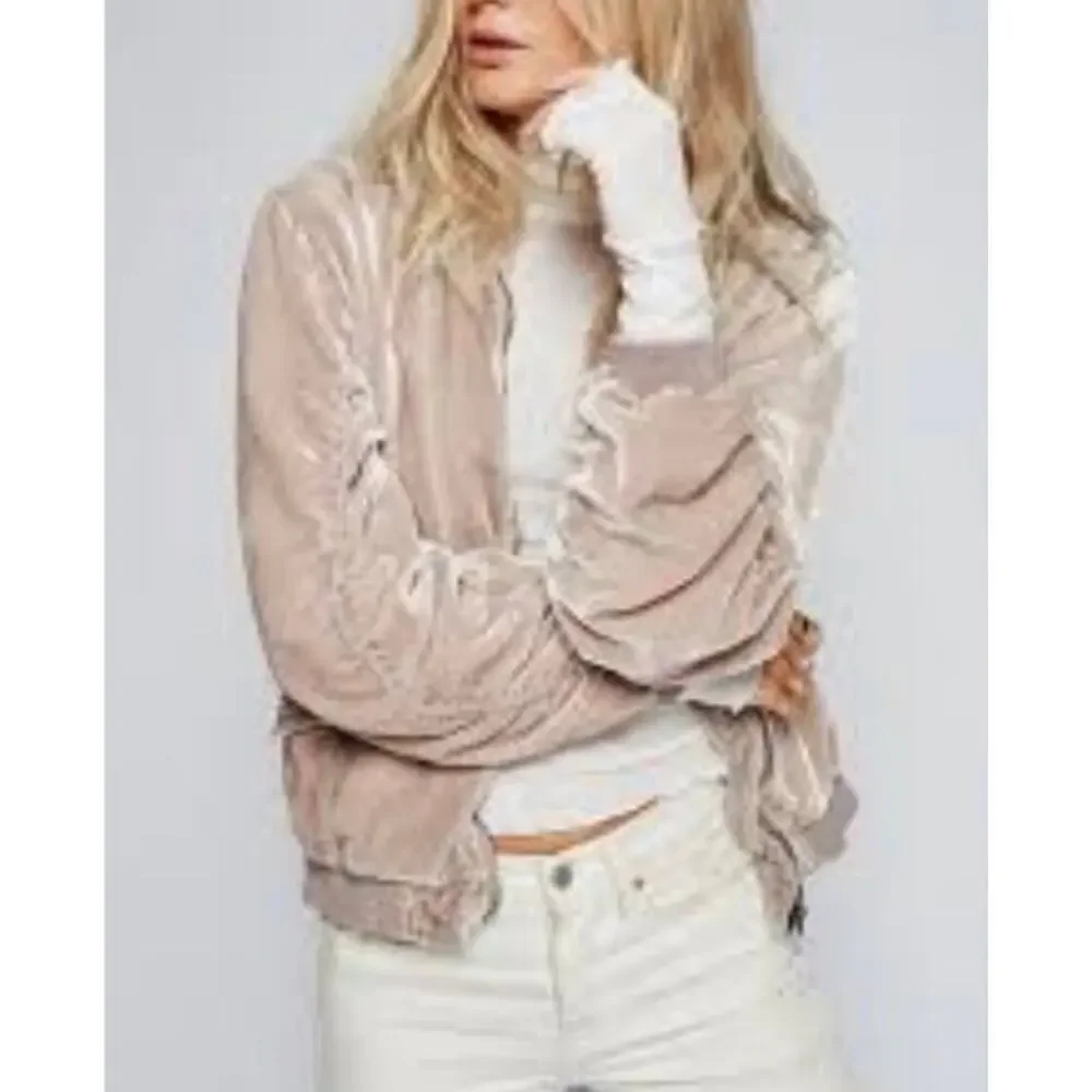 Free People Velvet Bomber Jacket Medium Ruched Champagne Sand Boho Luxe Festival